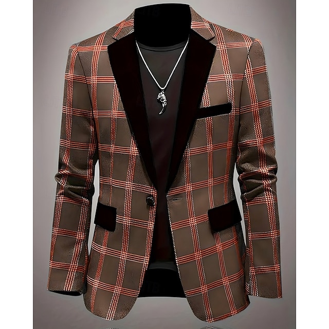  Herren Blazer Geschäft Cocktailparty Hochzeitsfeier Mode Lässig Frühling Herbst Polyester Karomuster Tasche Knöpfe Bequem Einreihig Blazer Schwarz Blau Braun