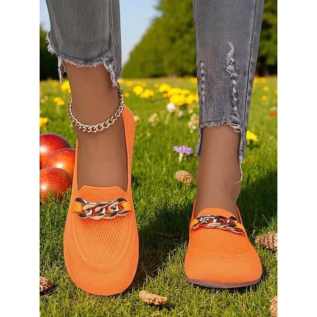  Mocasines Flyknit sin cordones con puntera ancha en color naranja para mujer: cómodos zapatos planos informales y transpirables con detalle de cadena metálica, ideales para ir de compras, trabajar y pasear por el jardín.