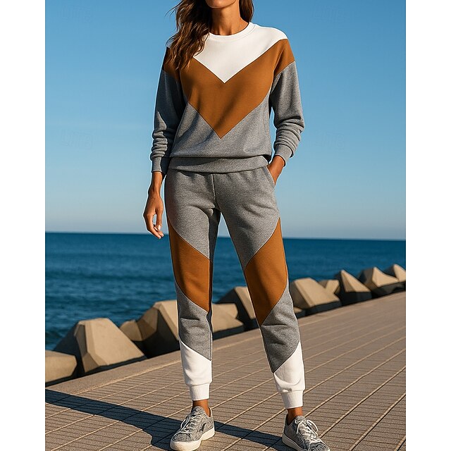 Women's Tracksuit Sweatpants Pullover Sweatshirt Pocket Color Block Clothing Suit Fall Grey Hiking Workout Athletic Windproof Lightweight Moisture Wicking Long Sleeve Sport Activewear Micro-elastic4
