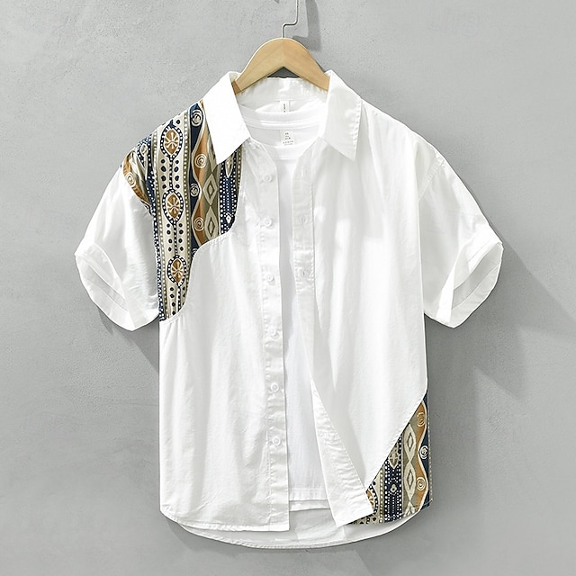  Per uomo Camicia Camicia di lino Camicia casual Camicia con Bottoni Camicia di cotone Rombi Vacanza Streetwear Nero Bianco Manica Corta Collo ripiegato Estate Abbigliamento Stampato
