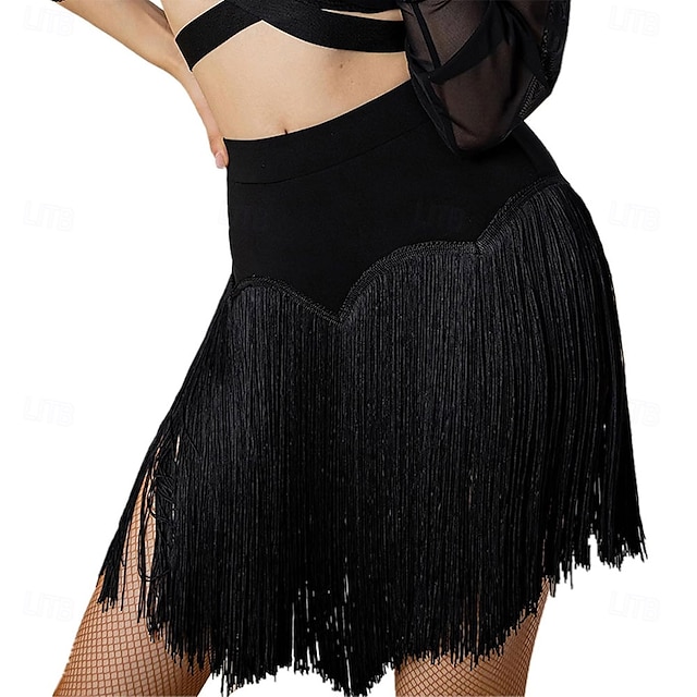  Minifalda negra con flecos y pantalones cortos para mujer, elástica, para rave, discoteca, baile latino, salsa