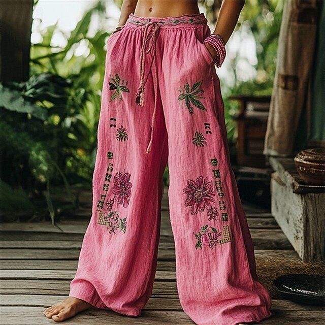 Women's Wide Leg Pants Trousers Palazzo Pants Fashion Boho Full Length High Waist Flower Elastic Waist Drawstring Print Breathability Comfortable Street Daily Wear Going out Pink Spring Fall Regular4