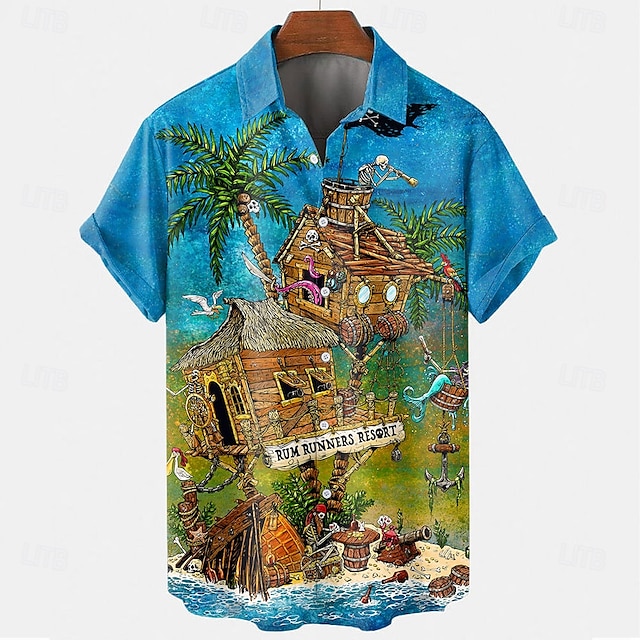  Rum Runners Resort von David Lozeau Herrenhemd mit Totenkopf-Kokosnussbaum-Knopfleiste, kurzärmlig, Designerhemd, limitierte Künstleredition