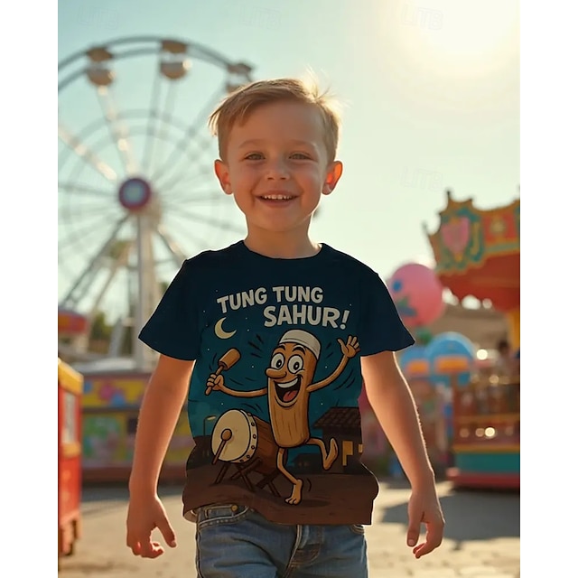  pojkars 3D-grafik lekfull trummande karaktär &Tung Tung Sahur t-shirt med tryck kortärmad sommar vår mode basic barn 4-12 år rund hals utomhus casual daglig normal passform
