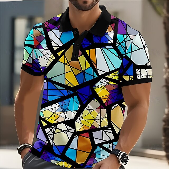 Men's Geometric Abstract Polo Short Sleeve Polo Shirts Collared Shirts Casual Street Athleisure Daily Wear 3D Print Buttons Summer Blue4