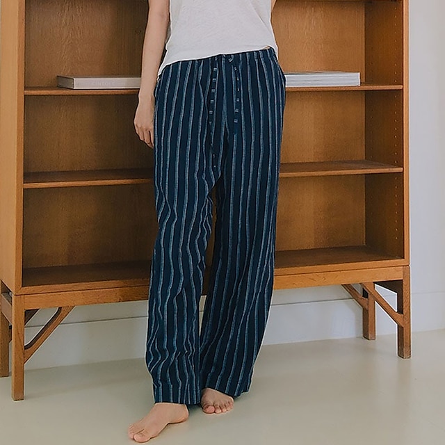  damchinos i 100 % bomull, vida ben, semesterbyxor, vintage, etnisk stil, lång, medelhög midja, randig, oelastisk, semesterhem, avslappnad, vit, marinblå, sommar, vår, höst, lös passform