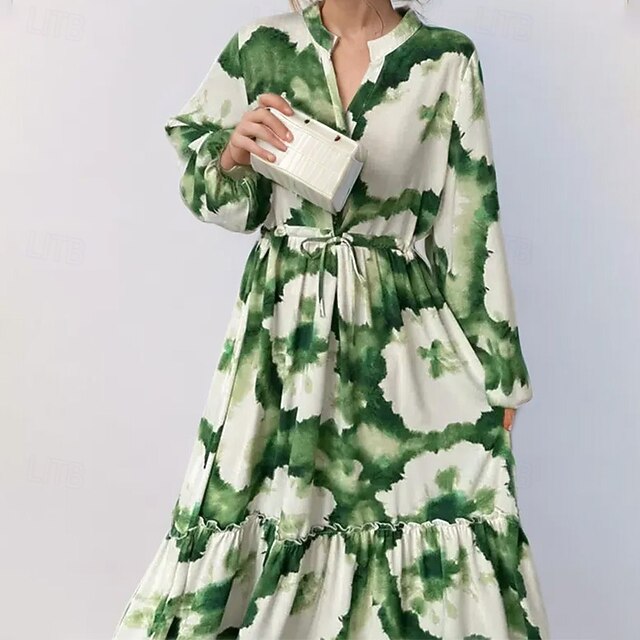 Women's Midi Dress Shirt Dress Swing Dress Print Dress Fashion Classic Modern Outdoor Vacation Holiday Regular Fit Flower Long Sleeve Shirt Collar Green Fall4