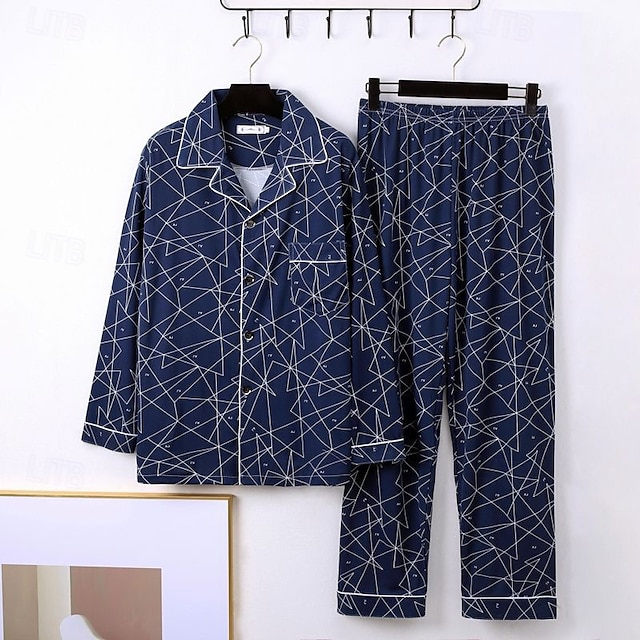  Herre Nattøy Pyjamas Sett Pyjamas topp og bukse 1set Bokstaver Geometrisk Mote Stilfull Klassisk Hjem Daglig Seng Polyester Komfort Myk Pustende Knaphul Langermet Skjorte Bukse Elastisk midje Knapper