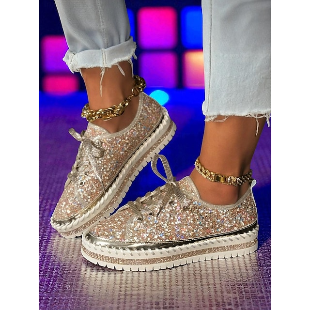  Tênis plataforma feminino com cadarço e glitter - calçados casuais com lantejoulas brilhantes para vida noturna, festas e trajes de balada