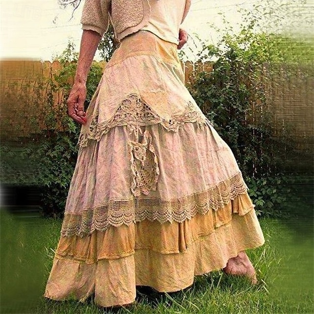  Dam Kjol Gunga Mode Ledigt Maxi Hög midja Kjolar Färgblock Spets Lappverk Ledigt / vardag Helgen Gul Rosa Blå Grå Vår Polyester