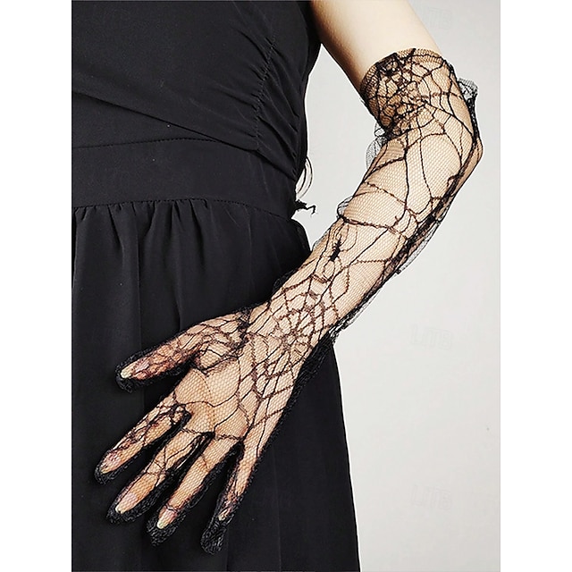  Halloween-handskar med spindelnät och spets för kvinnor – långa, transparenta gotiska meshhandskar med fingerlös design, elegant kostymtillbehör för fest, cosplay och häxkostymer