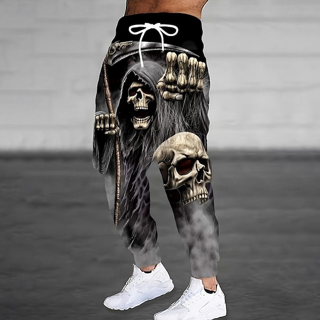  Herr Dödskalle Död Halloween Kostymer Joggingbyxor Joggare Långbyxor Medium Midja Dragsko Elastisk midja Mörk gotisk stil Joggning Streetwear Träningspass Atletiska mjukisbyxor med fickor Vår Höst