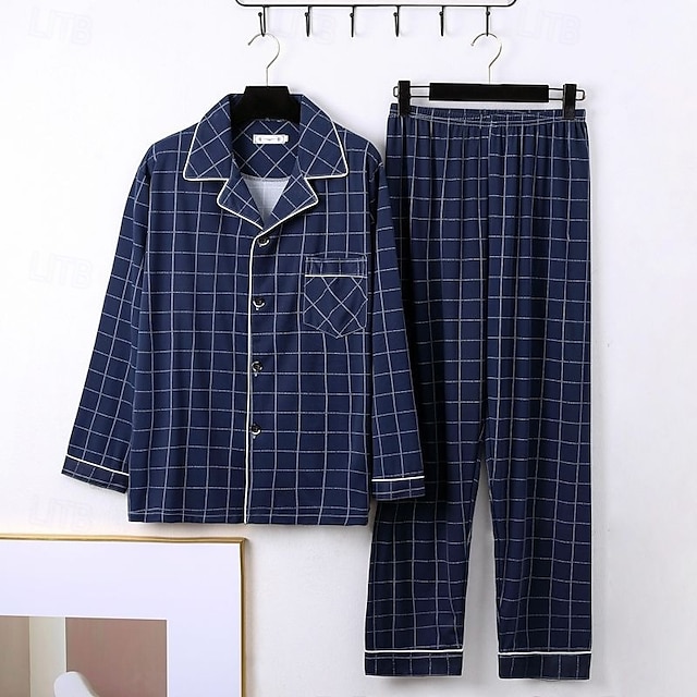  Per uomo Pigiami Set Pigiama Top e pantaloni del pigiama 1 Set Plaid Moda Elegante Classico Casa Quotidiano Da letto Poliestere Comodità Morbido Traspirante Bavero Manica Lunga Camicia Pantalone