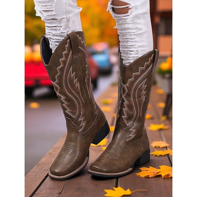  dame western cowboystøvler med broderet syning – støvler i imiteret læder til midt på læggen til efterårsfestivaler, landbrugsarbejde og landlige outfits