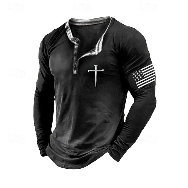 Men's T Shirt Henley Shirt Tee Tee Top Long Sleeve Henley Spring Fall Cross National Flag Fashion Designer Basic Print Vacation Street Going out Black Green Dark Gray Top Tee for Men4