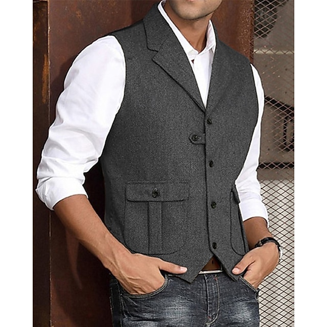  Homens Colete Gilet Férias Festa O negócio Moda Casual Verão Primavera Bolsos Botões Poliéster Confortável Tecido Comum 1 Botão Lapela Normal Azul Marinha Verde Escuro Café Cinzento Colete