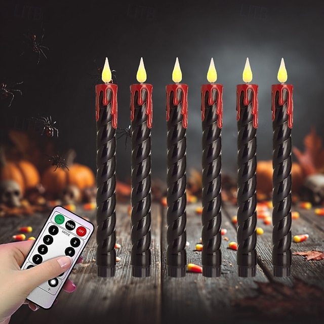  6 Stück 25 cm Halloween-Faden, schwarzer Stab, fließende rote Tränen, Simulation elektronischer Kerzenlicht-Timer, Fernbedienung, AA-Batterie, Partyatmosphäre für drinnen und draußen, dekoratives