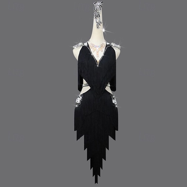  Robe de danse latine à strass et pompons pour femmes, tenue de scène sans manches pour salsa et rumba