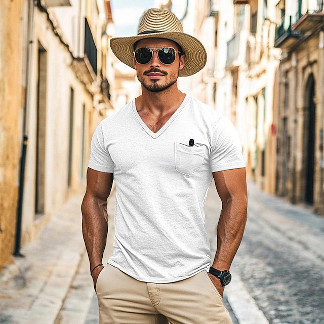  Hombre Camiseta Camisas que absorben la humedad Manga Corta Escote en Pico Verano Primavera Plano Retro Básico Casual Escote en V Cosecha Calle Casual Negro Blanco Azul Piscina Camiseta superior para
