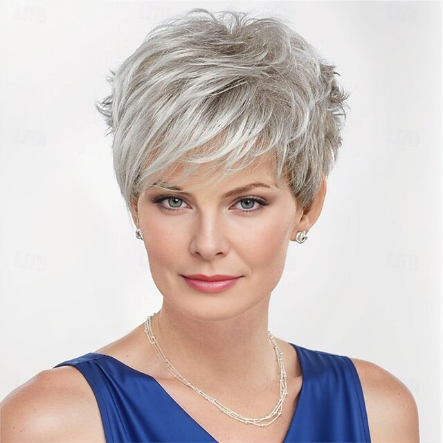 Synthetic Wig Curly Pixie Cut Machine Made Wig Short A1 Synthetic Hair Women's Soft Fashion Easy to Carry Silver Gray3