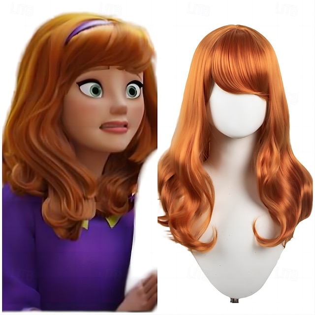 cosplay celá čelenka oranžová velké kudrnaté dlouhé vlnité vlasy Scooby Doo Daphne anime paruka