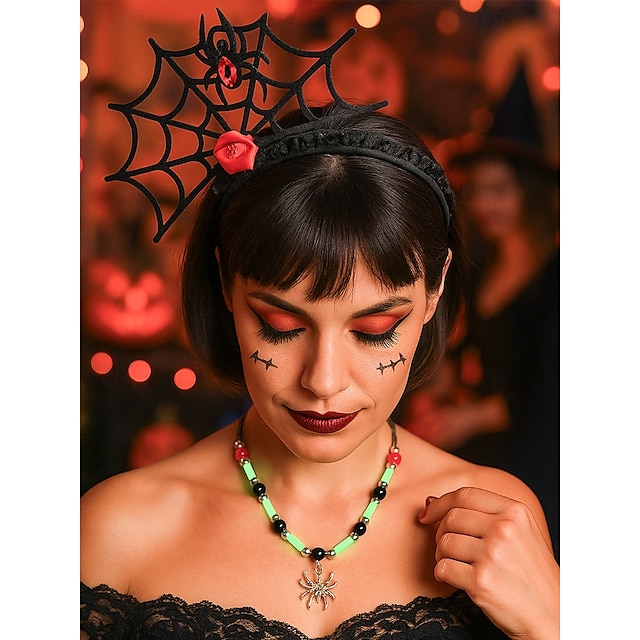  Women's Halloween Spider Web Headband – Gothic Black Lace with Red Rose and Spider Design, Lightweight Polyester and Plastic, Perfect for Costume Parties and Cosplay