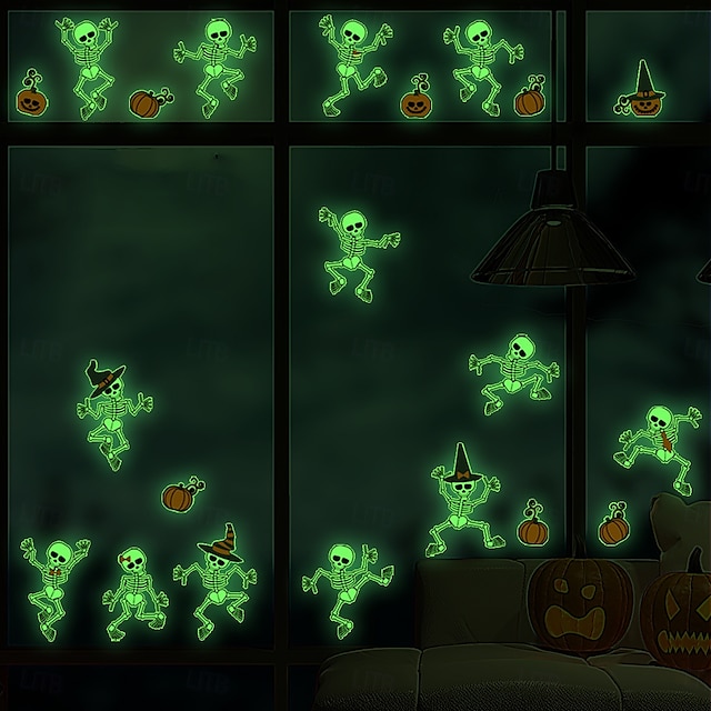  Halloween glow in the dark skelet muurstickers, zelfklevende lichtgevende stickers voor kamerdecoratie, verwijderbare enge Halloween decoraties