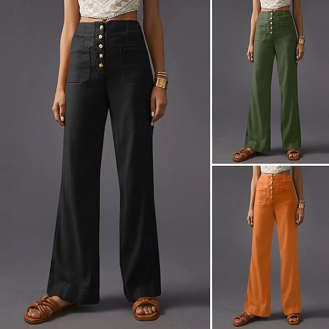  Femmes Jambe large Slacks Streetwear Occasionnel Longueur complète Naturel Uni Avec Poches Taille Élastique Confortable Rue Fête Week-end Noir Vert Véronèse Orange Automne Coupe régulière