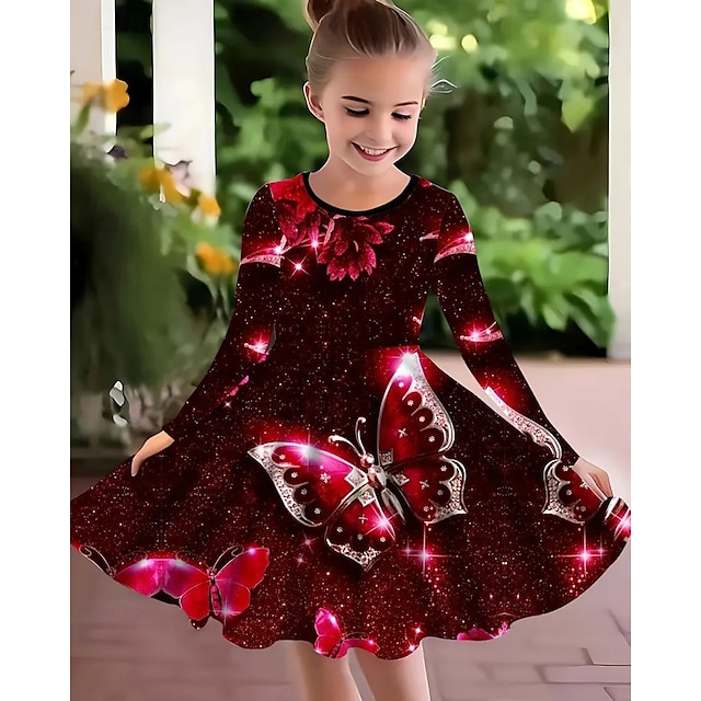  Mädchen' 3D Schmetterling Kleid Langarm Sommer Frühling Urlaub Täglich Ferien Prinzessin Schön Süß Kinder 4-12 Jahre Freizeitkleid A Linie Kleid Knielang Normale Passform