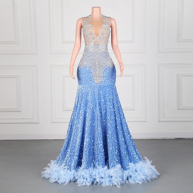  Robe de soirée sirène  trompette élégante robe formelle bal traîne balayage  brosse sans manches col rond sequin dos nu avec applications en sequins
