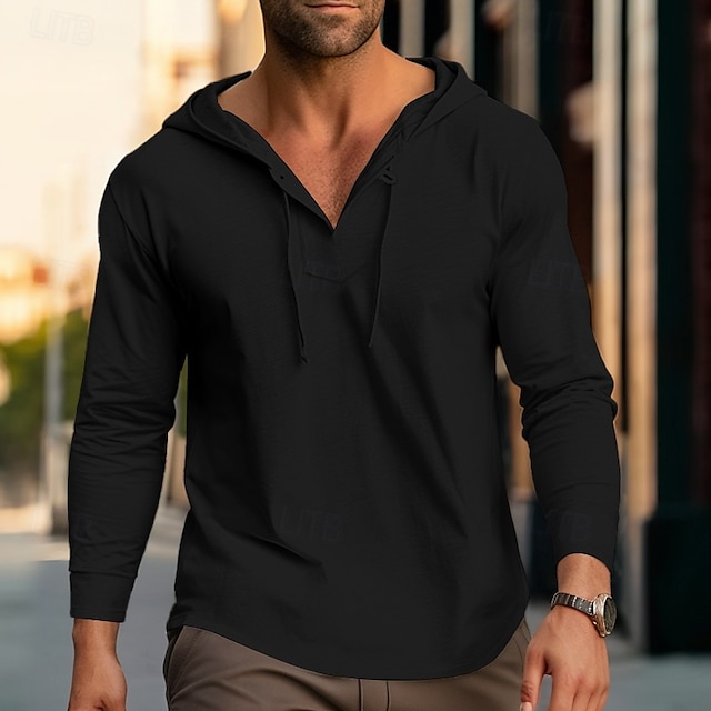  Homens Camiseta de algodão e linho Manga Longa Com Capuz Verão Primavera Outono Tecido Básico Moderno Casual Com Cordão Botões Básico Casa Rua Casual Preto Branco Caqui Top Tee para Homens