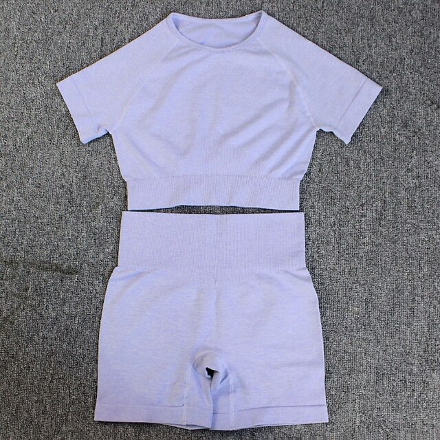  Dam 2 delar Träningsset Shorts och Crop Top Ensfärgat Träningsdräkter Svart Rodnande Rosa Gymträning Hög midja Stretch Andningsfunktion Kortärmad Sport Sportkläder Smal