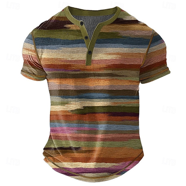  Men's Rainbow Stripes Henley Shirt Waffle T Shirt Short Sleeve Daily Retro Vintage Classic Sports Outdoor Casual Holiday Spring & Summer All Seasons Lake blue Pink Green khaki Henley Henley T-Shirt
