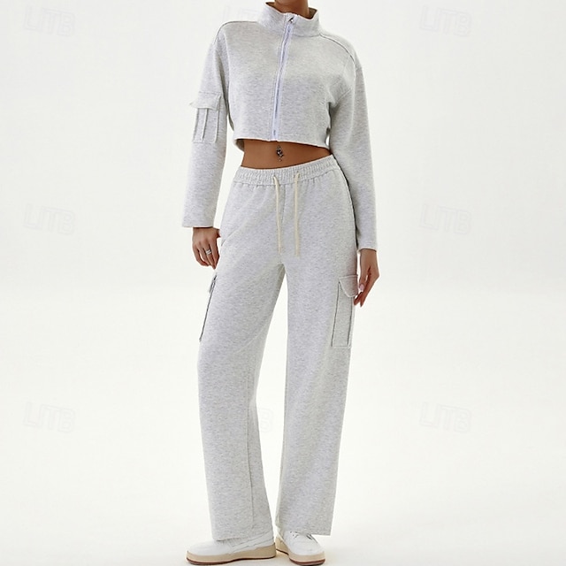  Dam Lounge-möbel Sport Cargo-overall Höst Ficka Blixtlås i fullängd Ensfärgat Träningsdräkter Svart Grå Utomhus Löpning Yoga Hög midja Vindtät Lättvikt Varm Långärmad Sport Sportkläder Lös passning