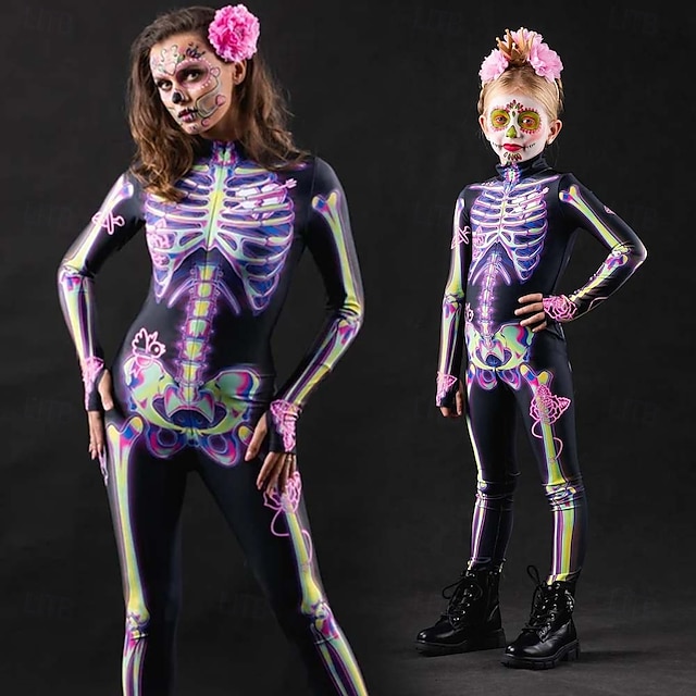 Totenkopf Skelett Zuckerschädel Bodysuit Halloween Gruppen Paarkostüme Ganzkörper Catsuit Gruselkostüm Herren Damen Jungen Kinder Erwachsene Performance Party Club Halloween Karneval Tag der Toten