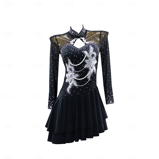 Latein-Tanzkleid mit Strasssteinen für Damen, Performance-Training, langärmlig, Rumba, Salsa, Cha-Cha, Bühnentanzbekleidung, Kostüme