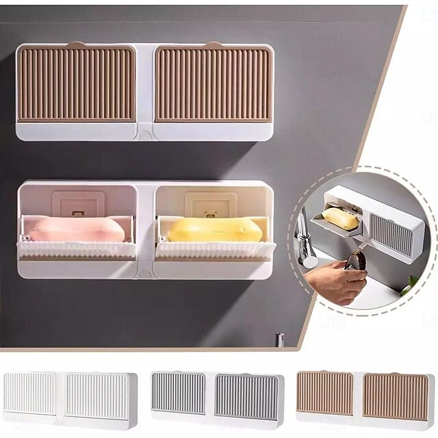 Wall-Mounted Soap Holder Dust-Proof Adhesive Bar Soap Dish with Hooks Plastic Soaps Box Tray for Bathrooms, Showers and Kitchens