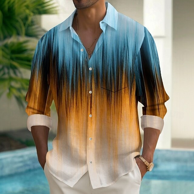 Men's Gradient Color Shirt Button Up Shirt Long Sleeve Fashion Casual Vacation Daily Streetwear Spring Fall Turndown 3D Print Collared Shirts Front One Pocket Blue4