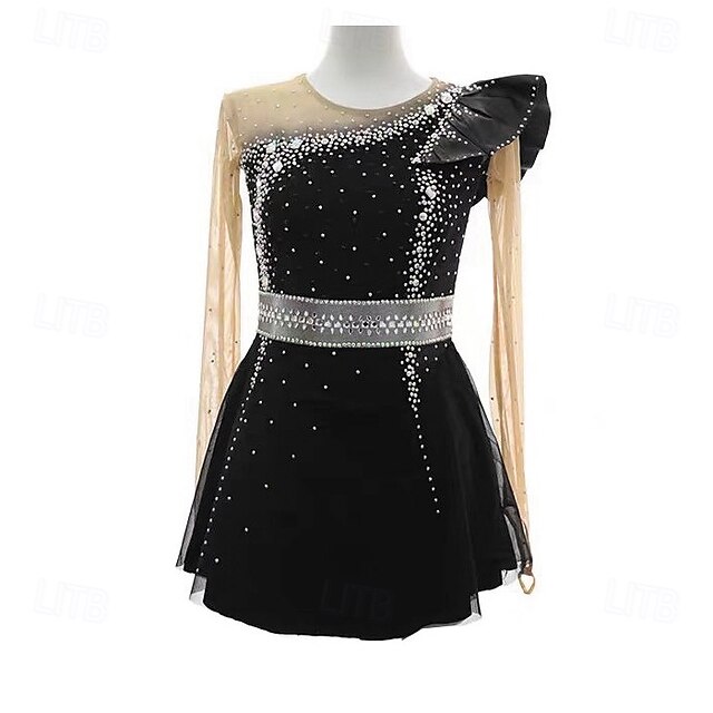  Eiskunstlaufkleid Damen Mädchen Eislaufen Kleid Schwarz Patchwork Daumenloch Netzstoff Spandex Dehnbar Training Übung Professionell Eiskunstlaufkleidung Thermowarm Kristall / Strass Langarm Eislaufen