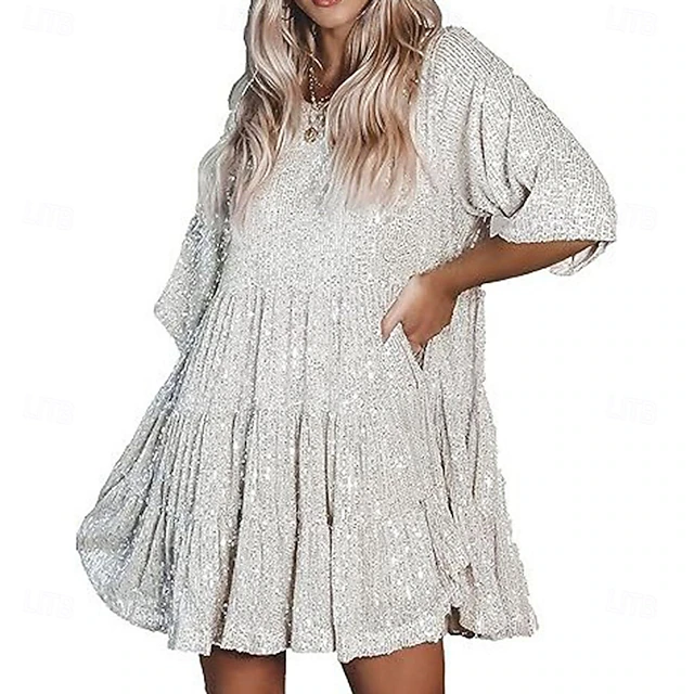 Women's Mini Dress Sequin Dress Cocktail Dress Elegant Dress Fashion Modern Evening Party Cocktail Party Weekend Regular Fit Plain Short Sleeve Crew Neck Silver Black Pink Summer4
