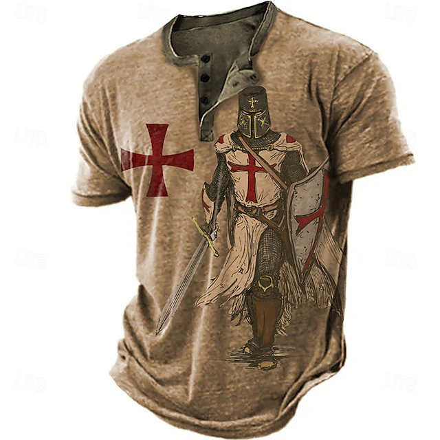 Men's Knights Templar Graphic Prints Henley Shirt Graphic Tee Short Sleeve Fashion Basic Casual Outdoor Daily Going out Spring & Summer Blue Sky Blue Brown Green Gray Henley Henley T-Shirt 6