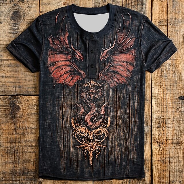 Men's Dragon T Shirt Henley Shirt Short Sleeve Vintage Designer Retro Vintage Street Casual Daily Summer Spring All Seasons Black Henley Henley T-Shirt4