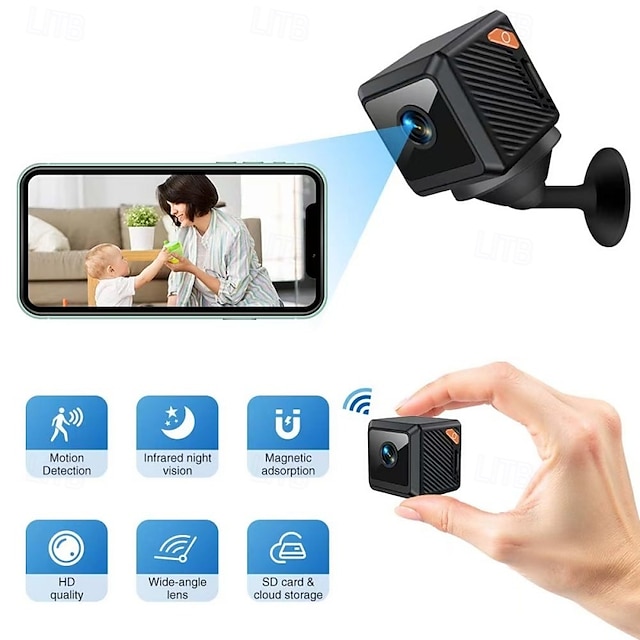  Telecamera di sorveglianza HD 1080p, mini webcam Wi-Fi intelligente con design wireless, con visione notturna a infrarossi, visione ovunque e in qualsiasi momento.