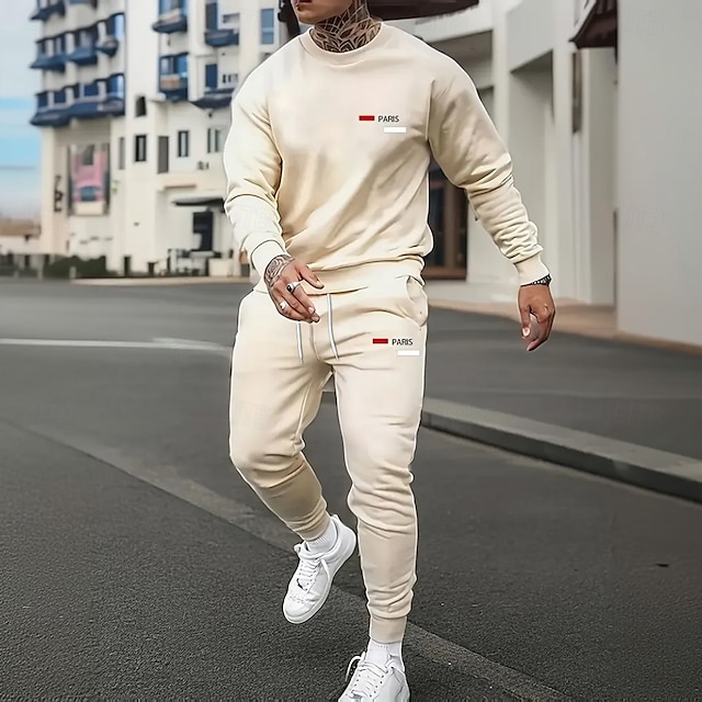  Hombre París 2 piezas Conjuntos de sudaderas 3D Chándal Sudadera Manga Larga Pantalones largos Cuello Barco Deportivo Casual / Diario Casual Impresión 3D Primavera Otoño Invierno Negro Azul Rojo
