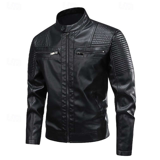  Herren Kunstlederjacke Bikerjacke Motorradjacke Urlaub Täglich Winddicht Warm Tasche Herbst Winter Einfach Mode Klassisch Stehkragen Regulär Schwarz Grün Jacken