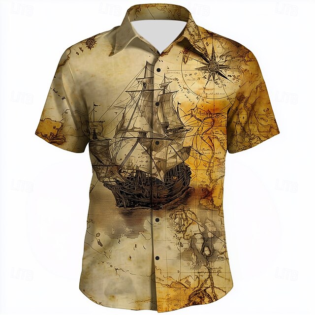 Men's Nautical Compass Sailboat Shirt Summer Shirt Button Up Shirt Short Sleeve Vintage Retro Outdoor Vacation Dailywear Summer Spring Turndown 3D Print Collared Shirts Khaki4