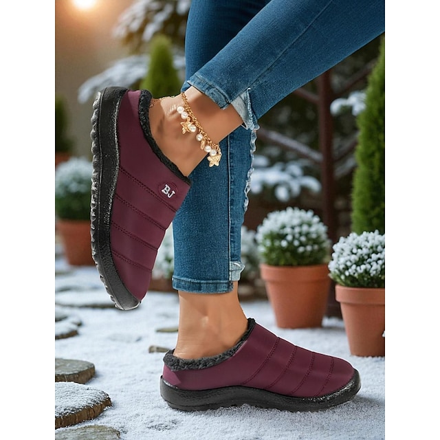  Chaussures d'hiver imperméables bordeaux pour femmes – mules chaudes et antidérapantes doublées de fourrure pour les journées enneigées, les courses en plein air et les tenues décontractées du quotidien