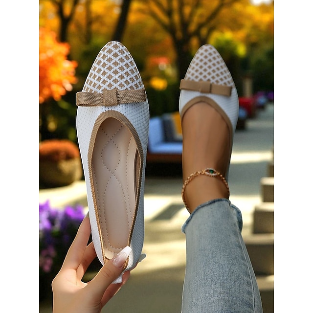  Women's Light Blue Flyknit Pointed Toe Flats with Bow - Breathable Casual Ballet Shoes for Ladies and Teens, Ideal for Spring, Garden Walks, and Daily Wear