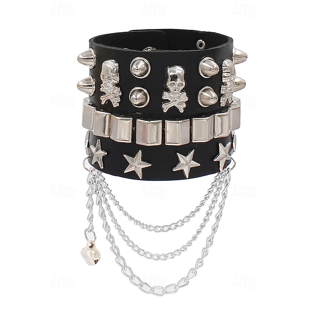  Bracelet unisexe en similicuir clouté avec tête de mort punk pour Halloween et chaînes – Bracelet gothique réglable pour soirée costumée, cosplay et concerts de rock