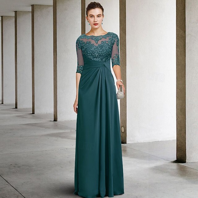 Sheath Mother of the Bride Dress Wedding Guest Elegant Plus Size Jewel Neck Floor Length Chiffon Lace Short Sleeve with Appliques Side-Draped 14